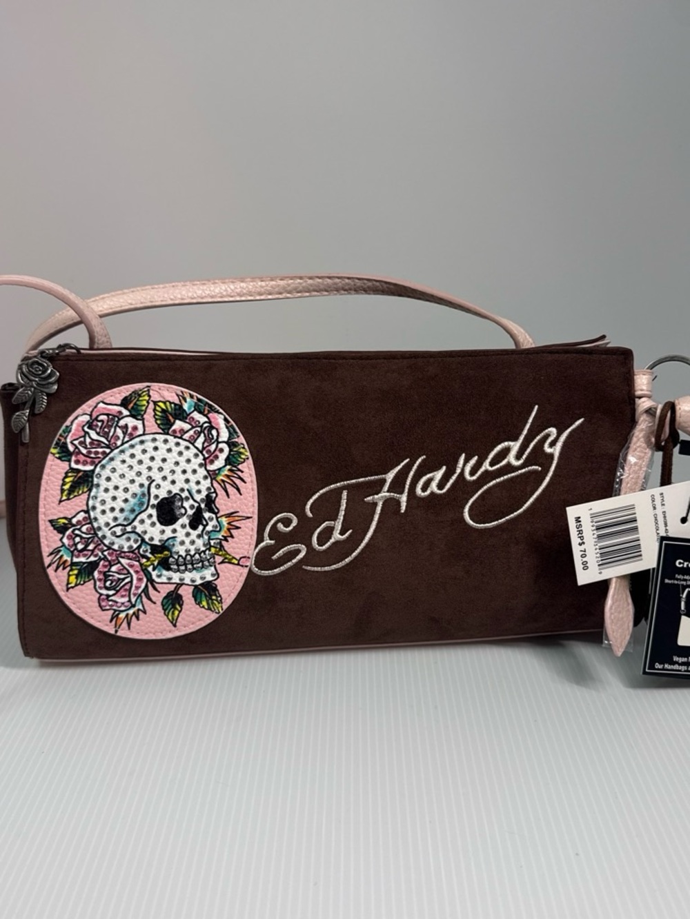 Ed Hardy Brown Suede Wristlet with Pink Floral Skull Patch